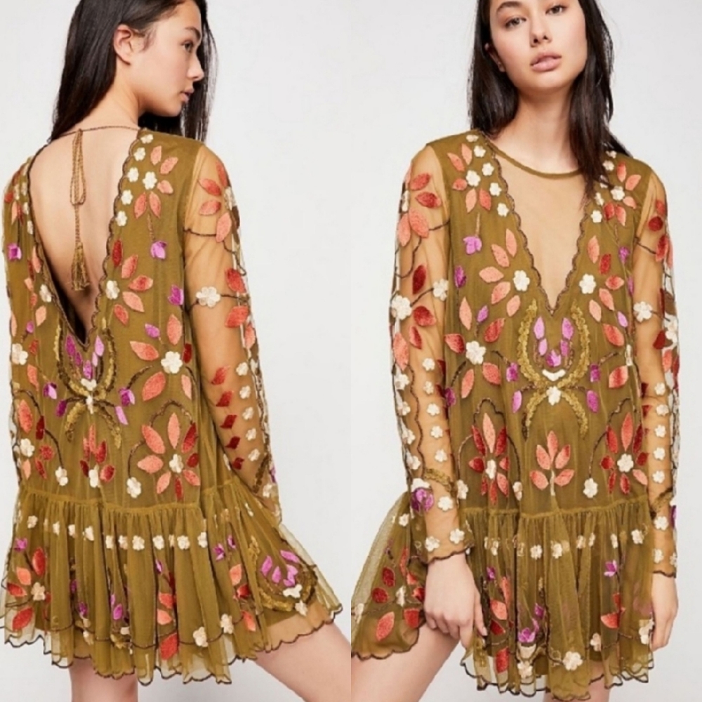 Free People Hearts Are Wild Boho Embroidered Mesh Long Sleeve Dress